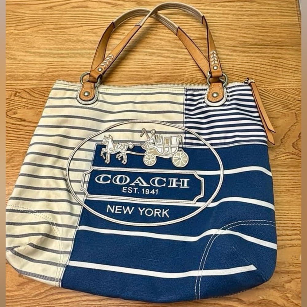 Coach Stagecoach Blue White Stripe Canvas Tote Bag